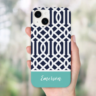 Navy and Aqua Trellis Monogram Case-Mate iPhone 14 Case