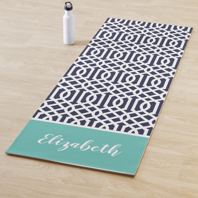 Navy and Aqua Trellis Monogram | Editable Colours Yoga Mat (In Situ)