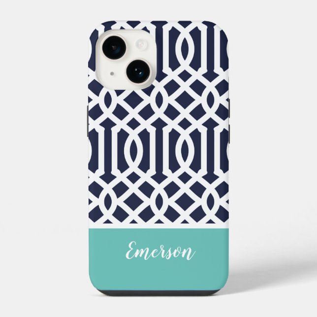 Navy and Aqua Trellis Monogram iPhone Case (Back)