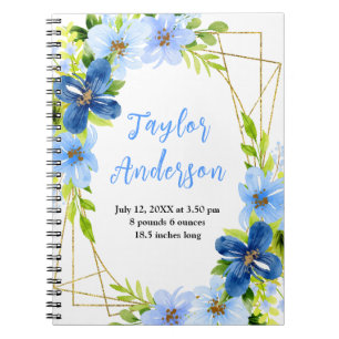 Navy and Baby Blue Floral Baby Birth Stats Notebook
