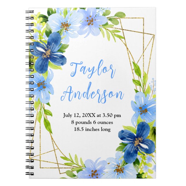 Navy and Baby Blue Floral Baby Birth Stats Notebook (Front)
