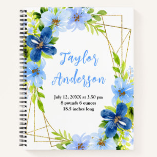 Navy and Baby Blue Floral Baby Birth Stats Notebook