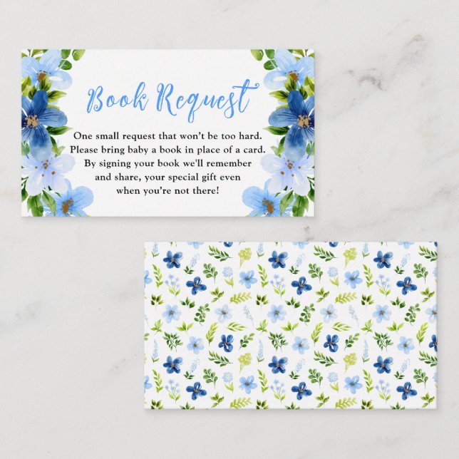 Navy and Baby Blue Floral Baby Book Request Enclosure Card (Front/Back)