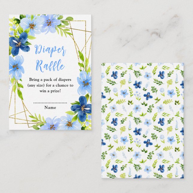 Navy and Baby Blue Floral Baby Diaper Raffle Enclosure Card (Front/Back)