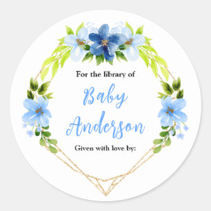 Navy and Baby Blue Floral Baby Shower Bookplate Classic Round Sticker
