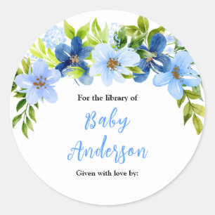 Navy and Baby Blue Floral Baby Shower Bookplate Classic Round Sticker