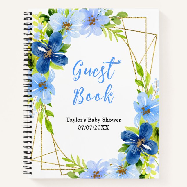 Navy and Baby Blue Floral Baby Shower Guest Book (Front)