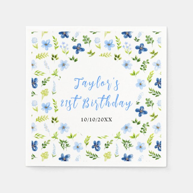 Navy and Baby Blue Floral Birthday Napkin (Front)