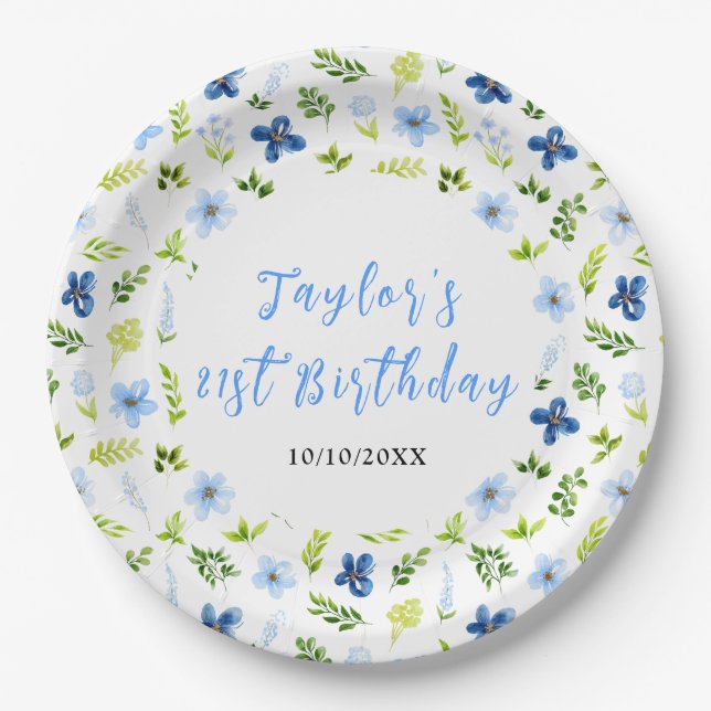 Navy and Baby Blue Floral Birthday Paper Plate (Front)