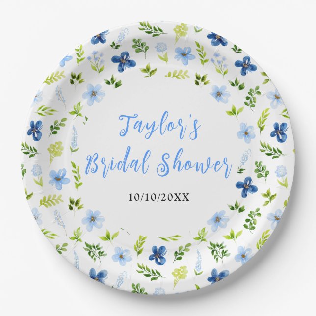 Navy and Baby Blue Floral Bridal Shower Paper Plate (Front)