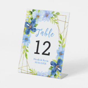 Navy and Baby Blue Floral Wedding Table Number Pedestal Sign