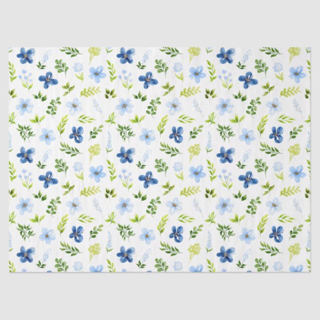Navy and Baby Blue Flowers with Foliage Pattern Tissue Paper (Front)