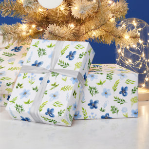 Navy and Baby Blue Flowers with Foliage Pattern Wrapping Paper
