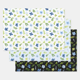 Navy and Baby Blue Flowers with Foliage Pattern Wrapping Paper Sheet