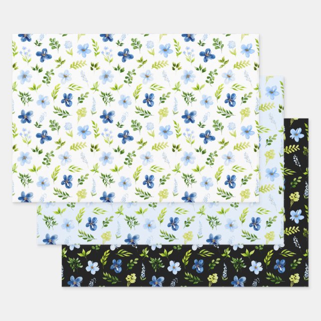 Navy and Baby Blue Flowers with Foliage Pattern Wrapping Paper Sheet (Set)