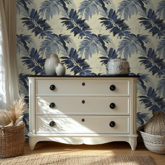 Navy and Beige Tropical Palm Leaf Peel and Stick Wallpaper