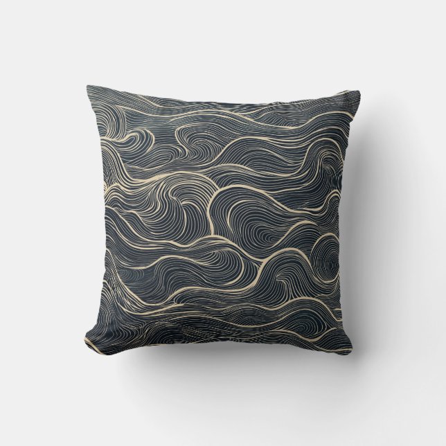 Navy and Beige Wave Line Art Throw Pillow (Front)