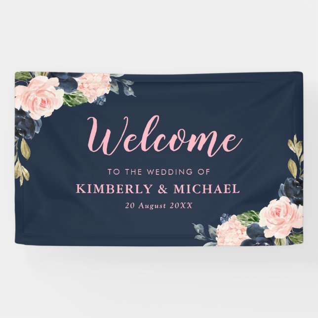 navy and blossom pink floral welcome wedding banner (Horizontal)