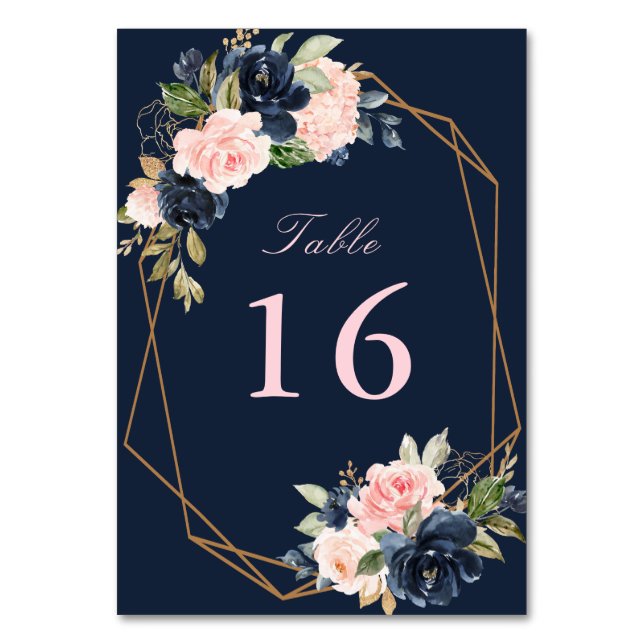 navy and blossom pink watercolor geometric wedding table number (Front)