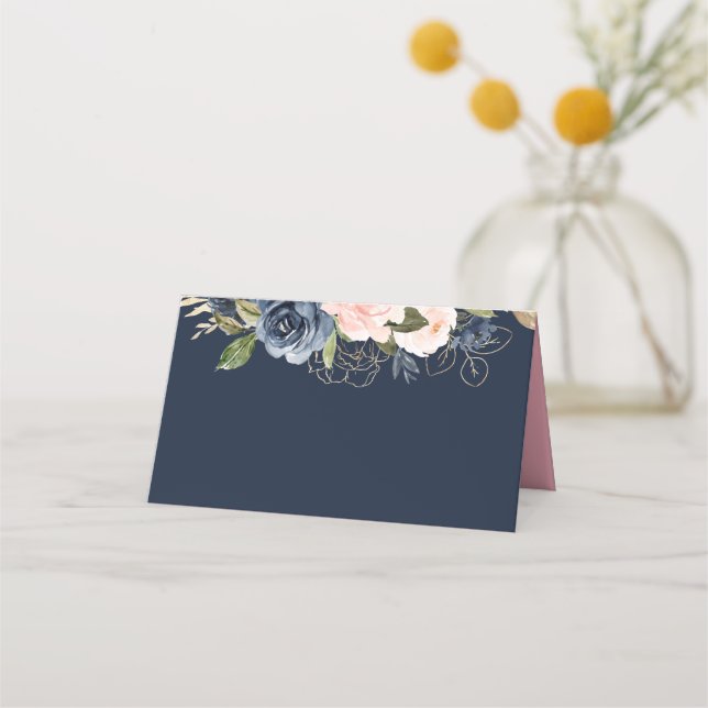 Navy and blossom pink wedding place card (Front)