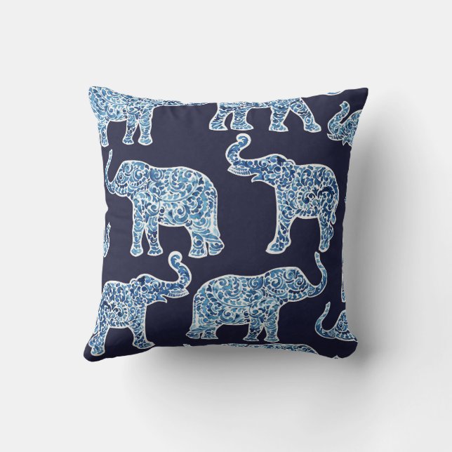 Navy and Blue elephants Throw Pillow (Back)