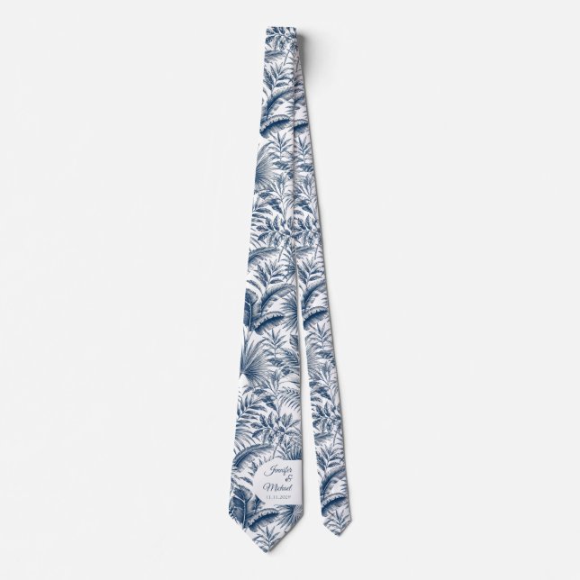 Navy and Blue Palm Tree Botanical Arch Wedding Tie (Front)