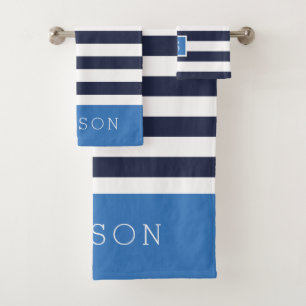 Navy and Blue Stripes Monogram Editable Colours Bath Towel Set
