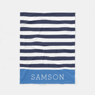 Navy and Blue Stripes Monogram Editable Colours Fleece Blanket