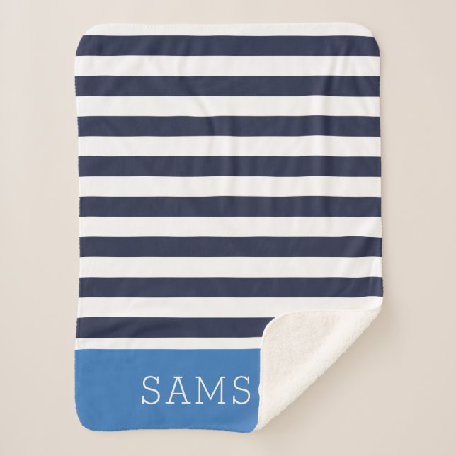 Navy and Blue Stripes Monogram | Editable Colours Sherpa Blanket (Front)
