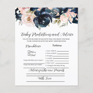 Navy and blush Baby predictions party game.