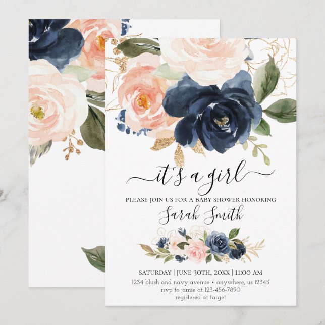 Navy and Blush Baby Shower Invitation (Front/Back)