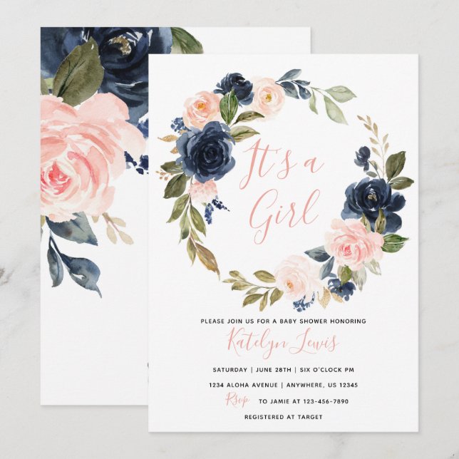 Navy and Blush Baby Shower Invitation for Girl (Front/Back)