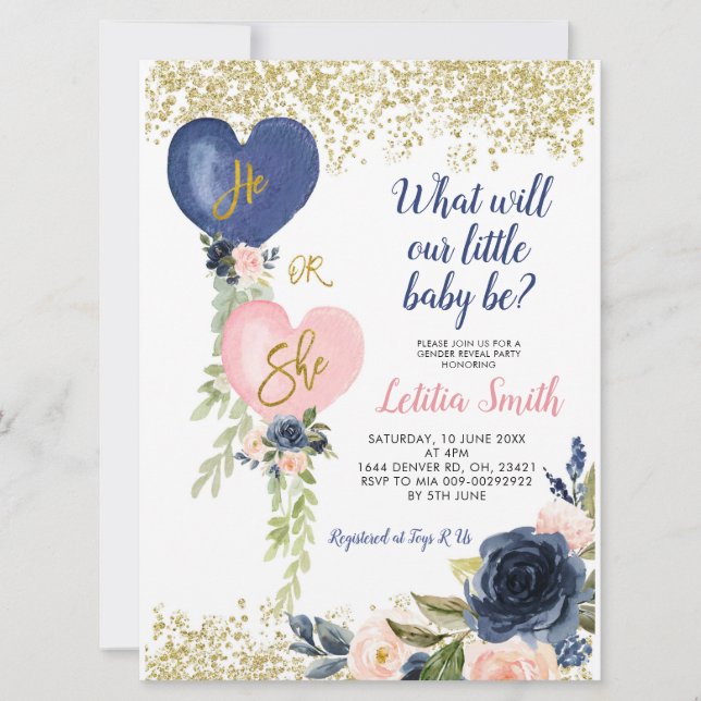 Navy And Blush Balloon Gender Reveal Invitation (Front)
