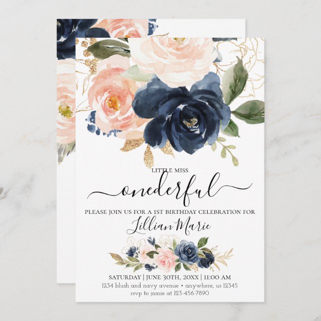 Navy and Blush Birthday Invitation for a Girl (Front/Back)