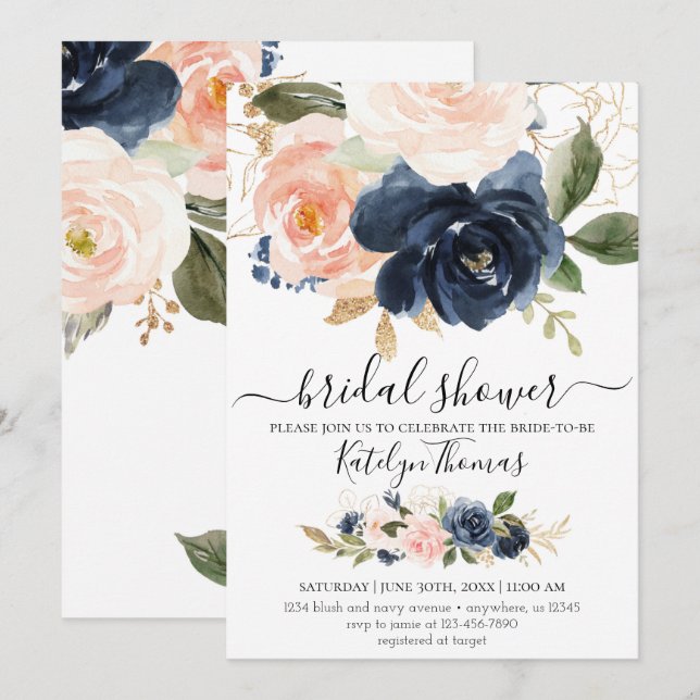 Navy and Blush Bridal Shower Invitation (Front/Back)