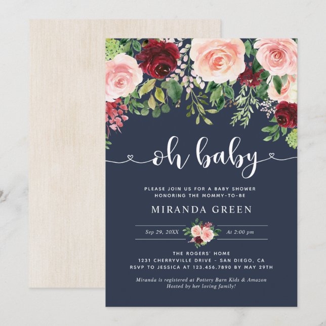 Navy and Blush Burgundy Floral Baby Shower Invitation (Front/Back)