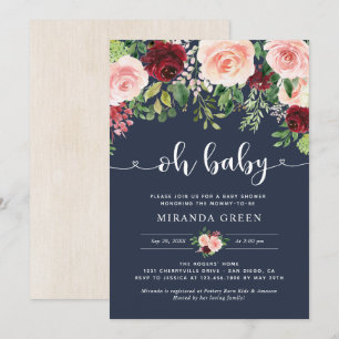 Navy and Blush Burgundy Floral Baby Shower Invitation