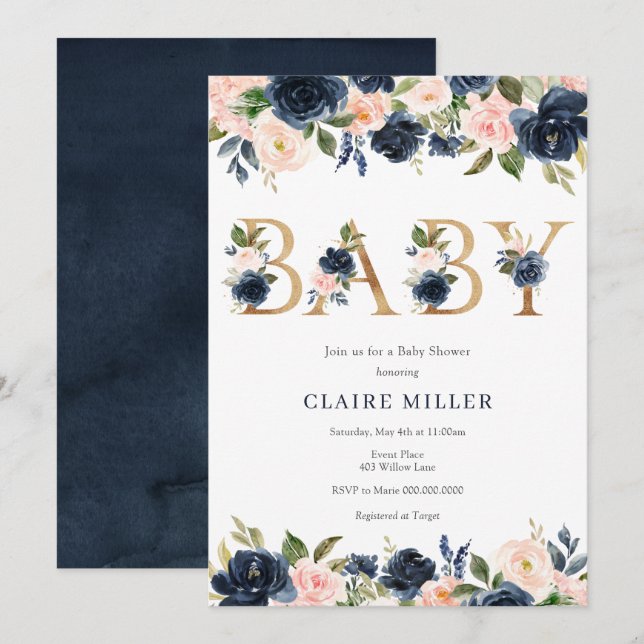 Navy and Blush Floral Baby Shower Invitation (Front/Back)