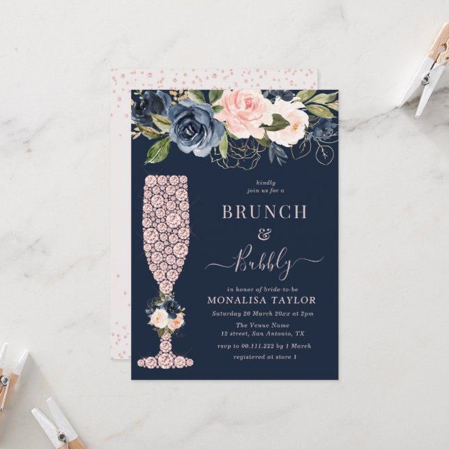 navy and blush floral bridal shower invitation (Front/Back In Situ)