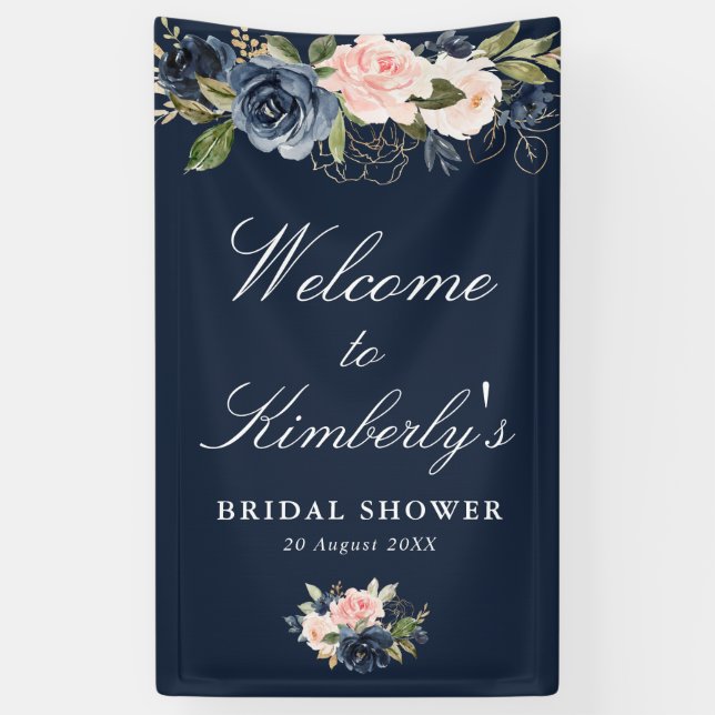 navy and blush floral bridal shower welcome sign (Vertical)