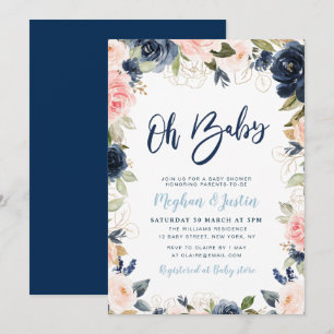 navy and blush floral couples baby shower invitation