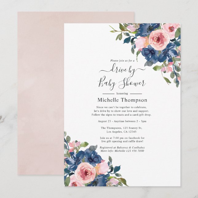 Navy and Blush Floral Drive By Shower Invitation (Front/Back)