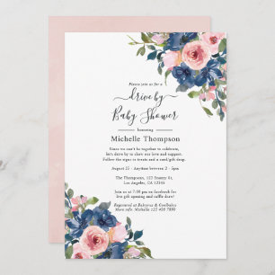 Navy and Blush Floral Drive By Shower Invitation