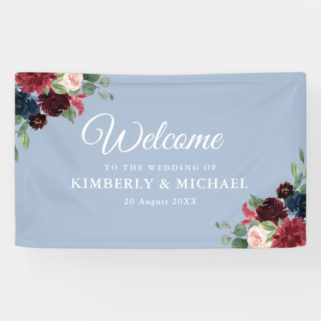 navy and blush floral dusty blue welcome wedding banner (Horizontal)