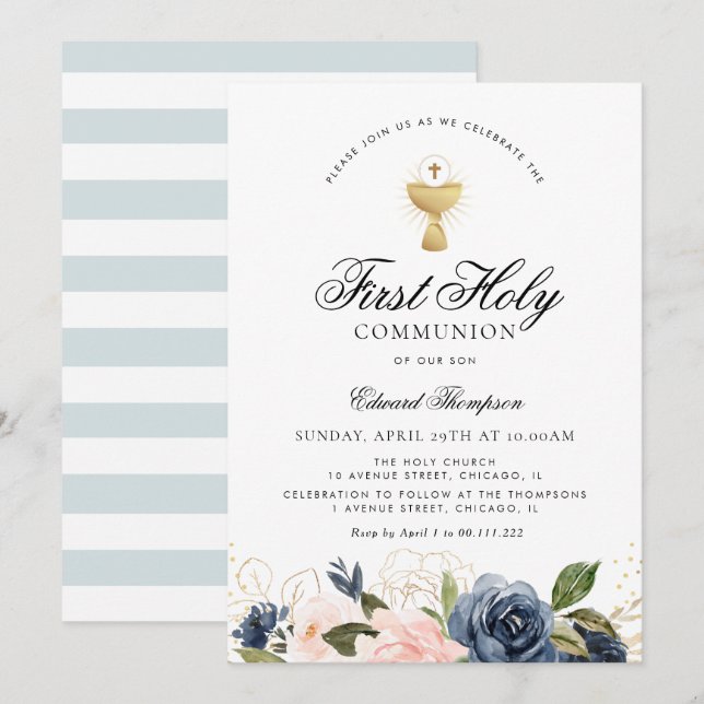 Navy and blush floral first communion invitation (Front/Back)