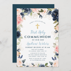 navy and blush floral first holy communion invitation