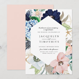 Navy and Blush Floral Frame Wedding Invitation