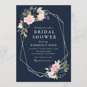 Navy and blush floral geometric silver invitation