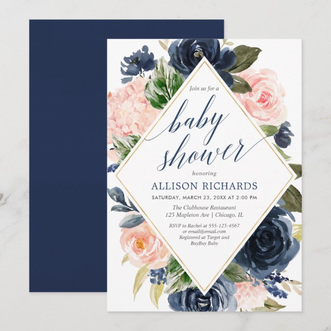 Navy and blush floral girl baby shower invitation (Front/Back)