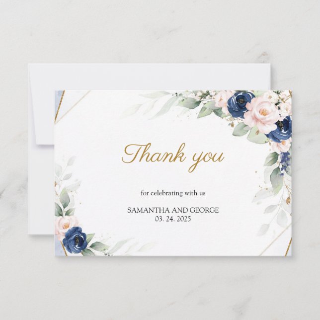 Navy and Blush Floral Gold Geometric Wedding Thank You Card (Front)